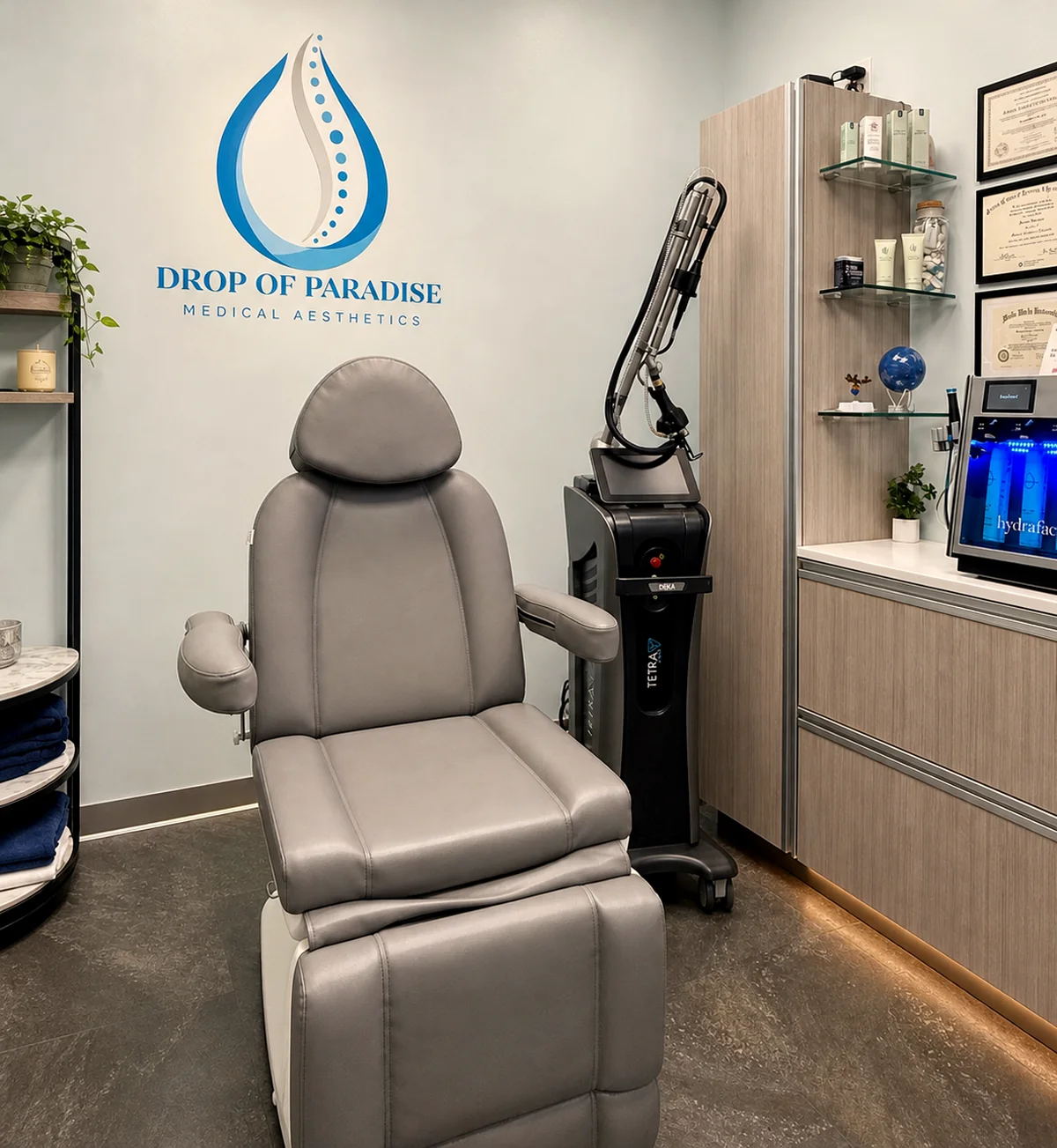 Estudio privado de tratamiento en Drop of Paradise, El Cerrito, CA, con el láser CO2 DEKA Tetra Pro y el sistema Hydrafacial